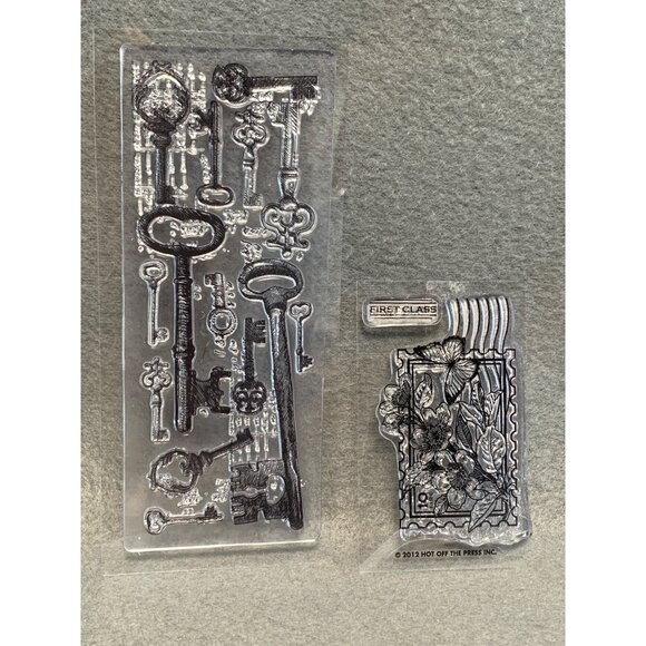 Hot Off The Press Inc Clear Cling Stamp Set - Keys & Flowers - Vintage Design - Picture 1 of 4